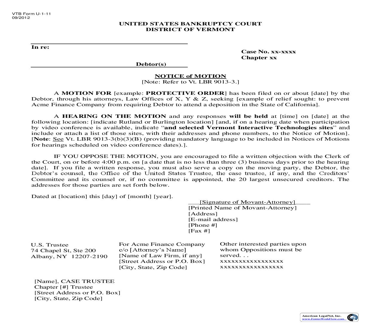 Notice Of Motion (Chapter 11) {U-1-11} |  | Vermont