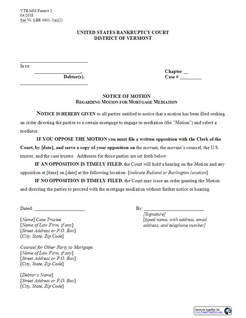 Notice Of Motion Regarding Motion For Mortgage Mediation {2} | Pdf Fpdf Docx | Vermont