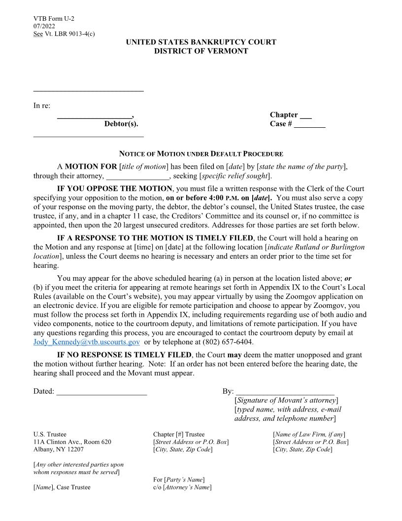 Notice Of Motion Under Default Procedure {U-2} | Pdf Fpdf Docx | Vermont