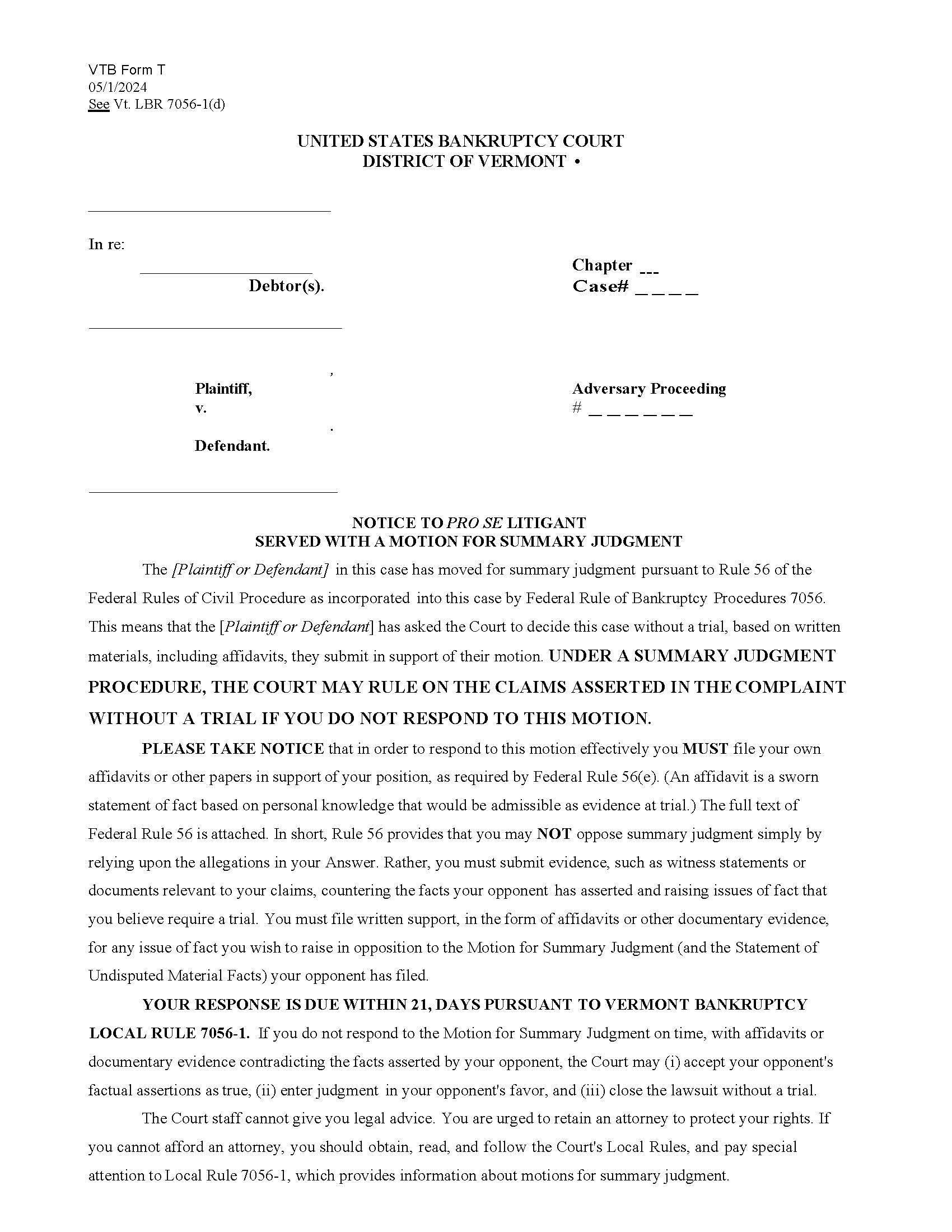 Notice To Pro Se Litigant Served With A Motion For Summary Judgment {T} | Pdf Fpdf Docx | Vermont