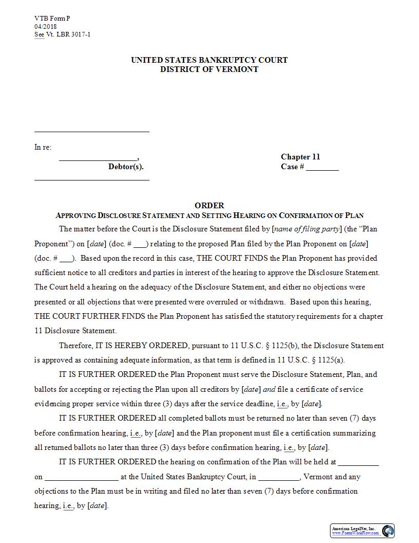 Order Approving Disclosure Statement And Setting Hearing On Confirmation Of Plan {P} | Pdf Fpdf Docx | Vermont