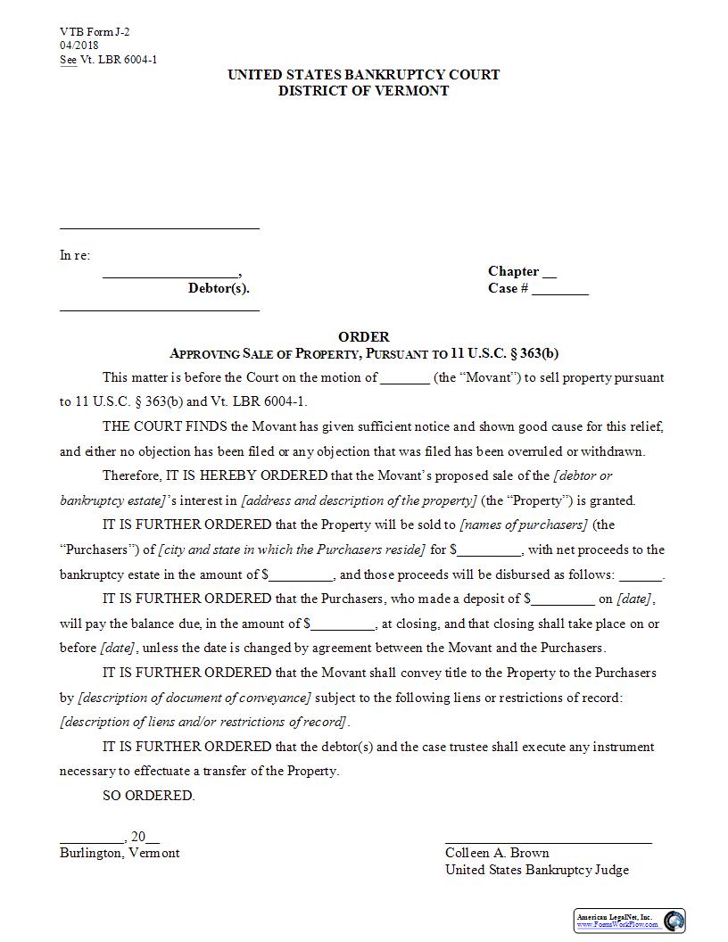 Order Approving Sale Pursuant To 11 U.S.C. 363(b) And Vt LBR 6004-1 {J-2} | Pdf Fpdf Docx | Vermont