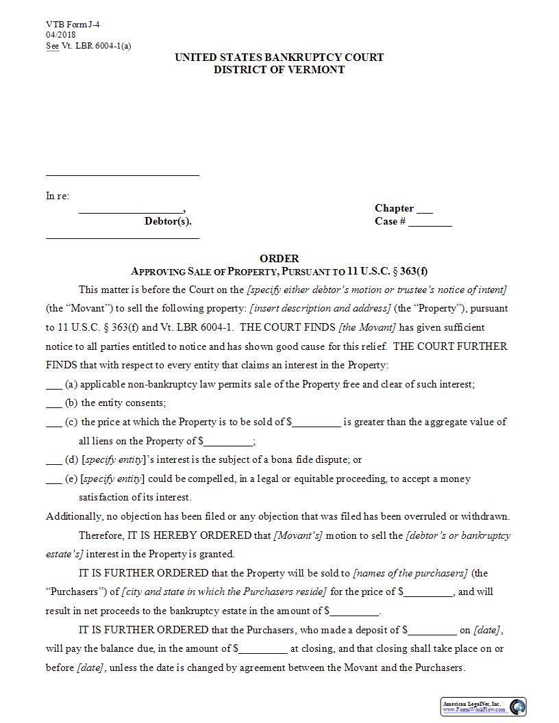 Order Approving Sale Pursuant To 11 U.S.C. 363(f) And Vt LBR 6004-1 {J-4} | Pdf Fpdf Docx | Vermont