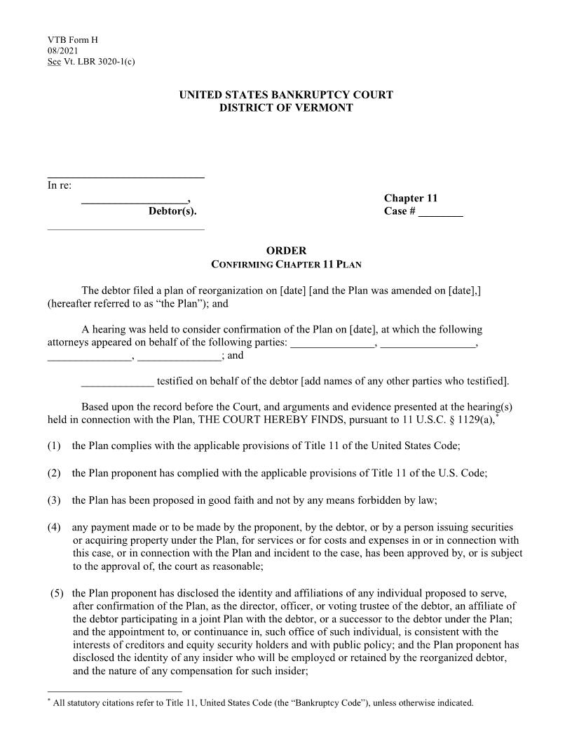 Order Confirming Chapter 11 Plan {H} | Pdf Fpdf Docx | Vermont
