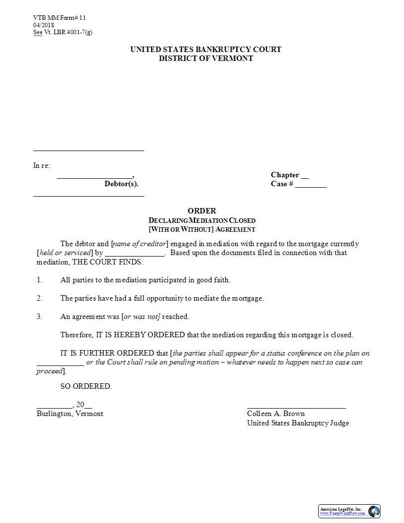 Order Declaring Mediation Closed {11} | Pdf Fpdf Docx | Vermont