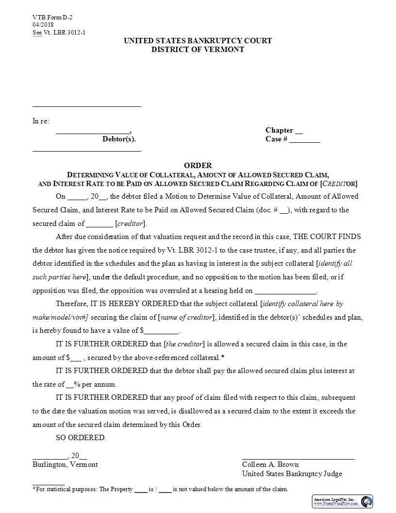 Order Determing Value Of Collateral {D-2} | Pdf Fpdf Docx | Vermont