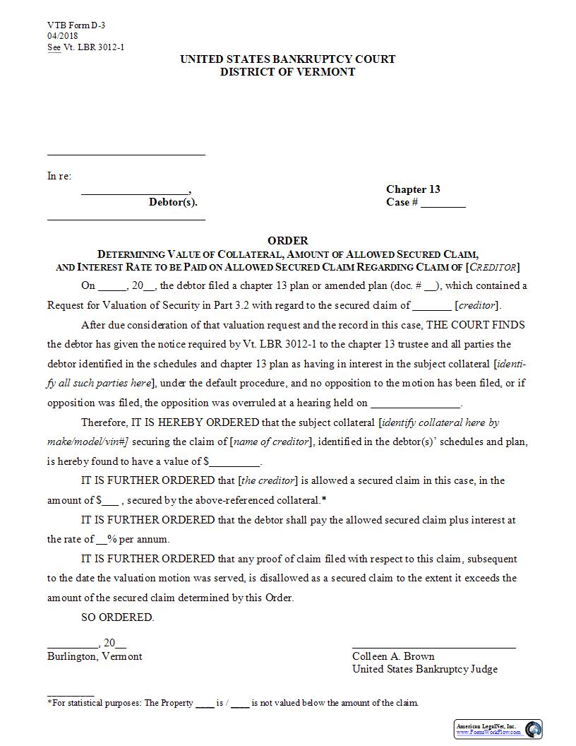 Order Determing Value Of Collateral CH 13 {D-3} | Pdf Fpdf Docx | Vermont