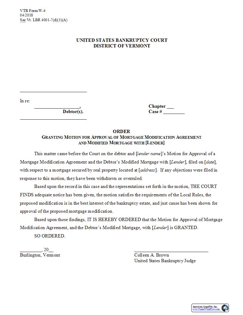 Order Granting Motion To Approve Mortgage Modification {W-4} | Pdf Fpdf Docx | Vermont