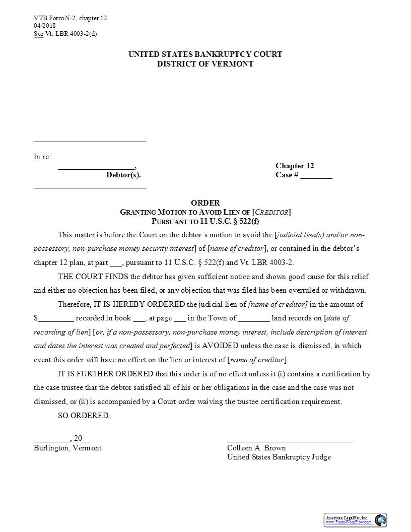 Order Granting Motion To Avoid Lien (Chapter 12) {N-2} | Pdf Fpdf Docx | Vermont