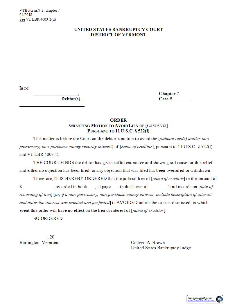 Order Granting Motion To Avoid Lien (Chapter 7) {N-2} | Pdf Fpdf Docx | Vermont