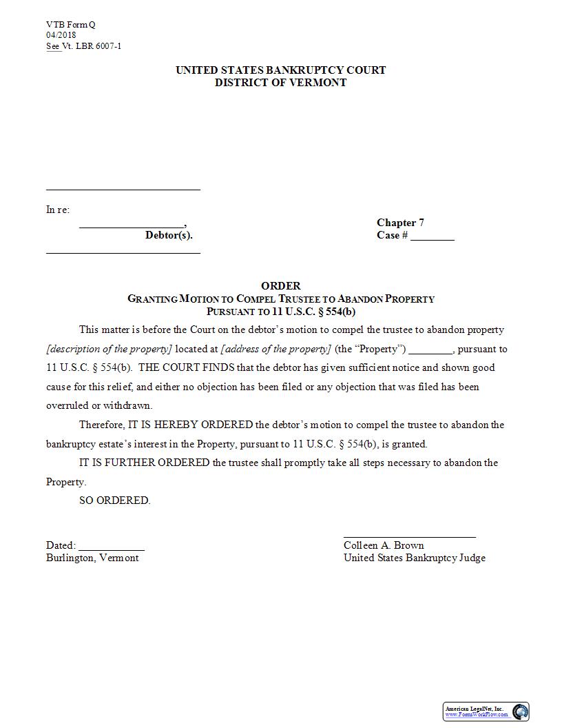 Order Granting Motion To Compel Trustee To Abandon Property {Q} | Pdf Fpdf Docx | Vermont