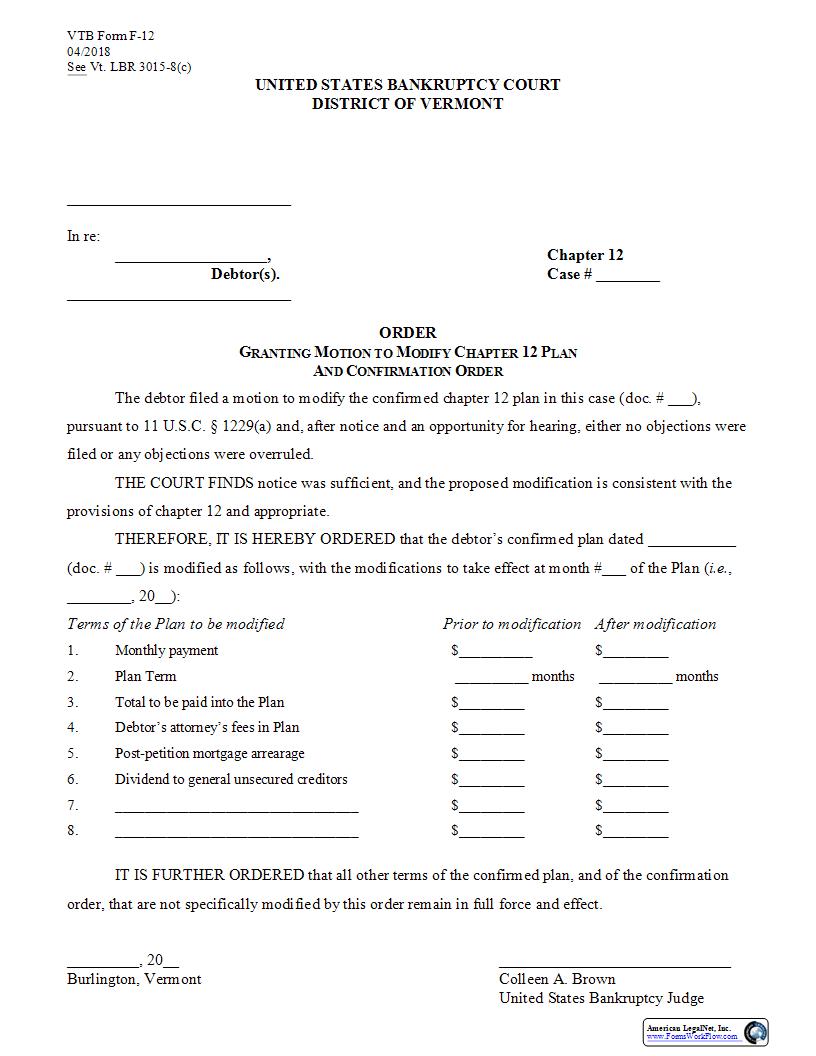Order Granting Motion To Modify Ch 12 Plan And Modify Order {F-12} | Pdf Fpdf Docx | Vermont