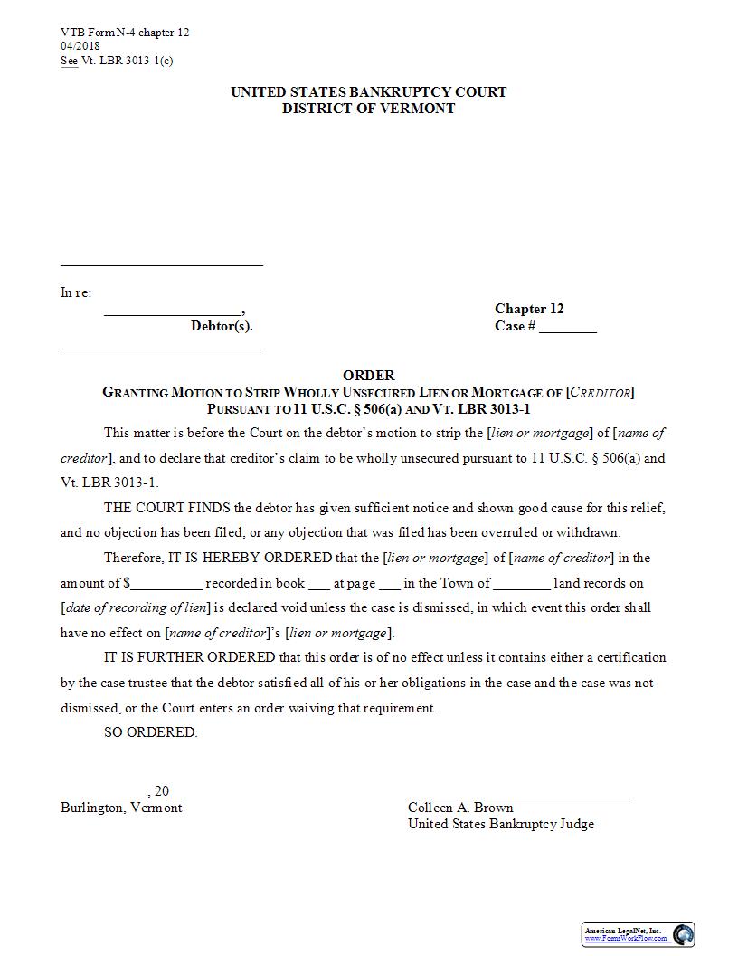 Order Granting Motion To Strip Wholly Unsecured Lien Or Mortgage {N-4} | Pdf Fpdf Docx | Vermont