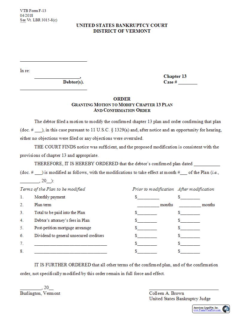 Order to Modify Ch 13 Plan {F-13} | Pdf Fpdf Docx | Vermont