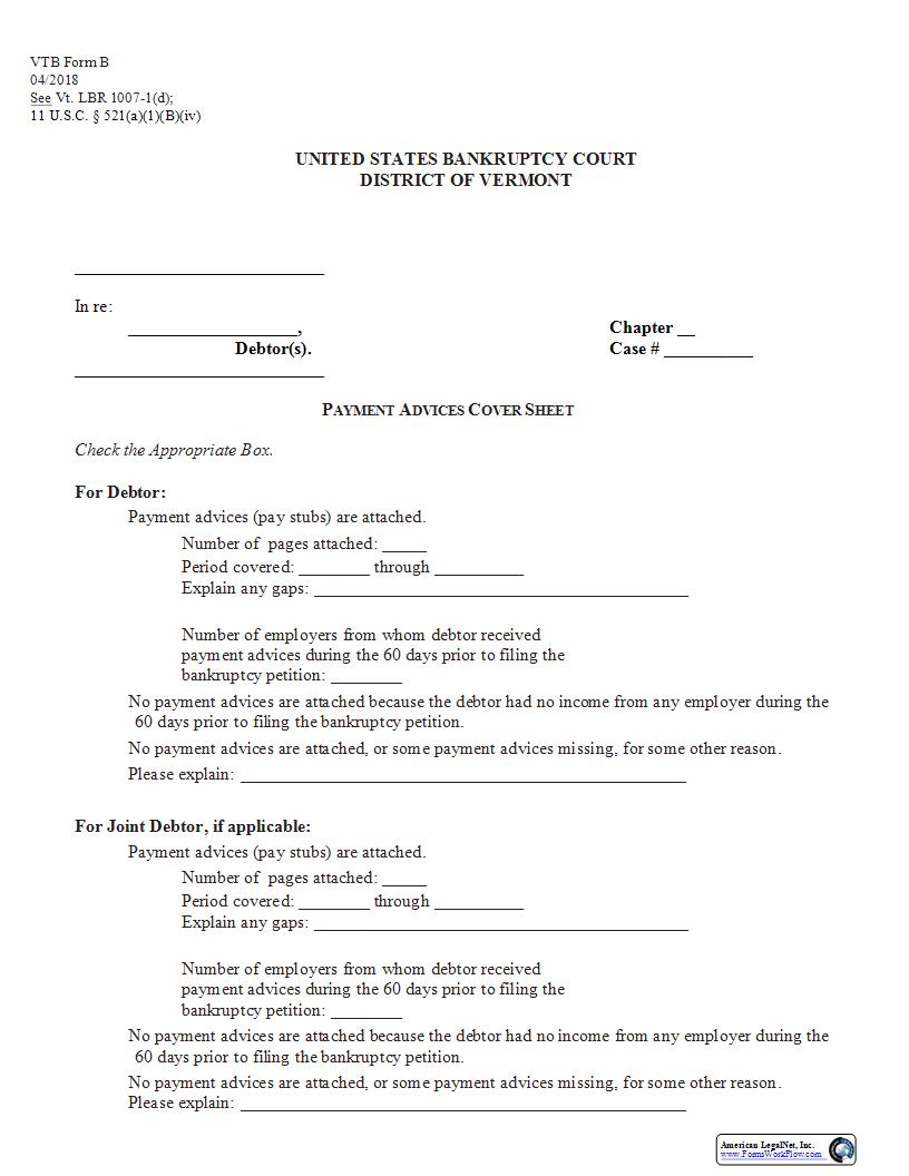 Payment Advices Cover Sheet {VTB-B} | Pdf Fpdf Docx | Vermont