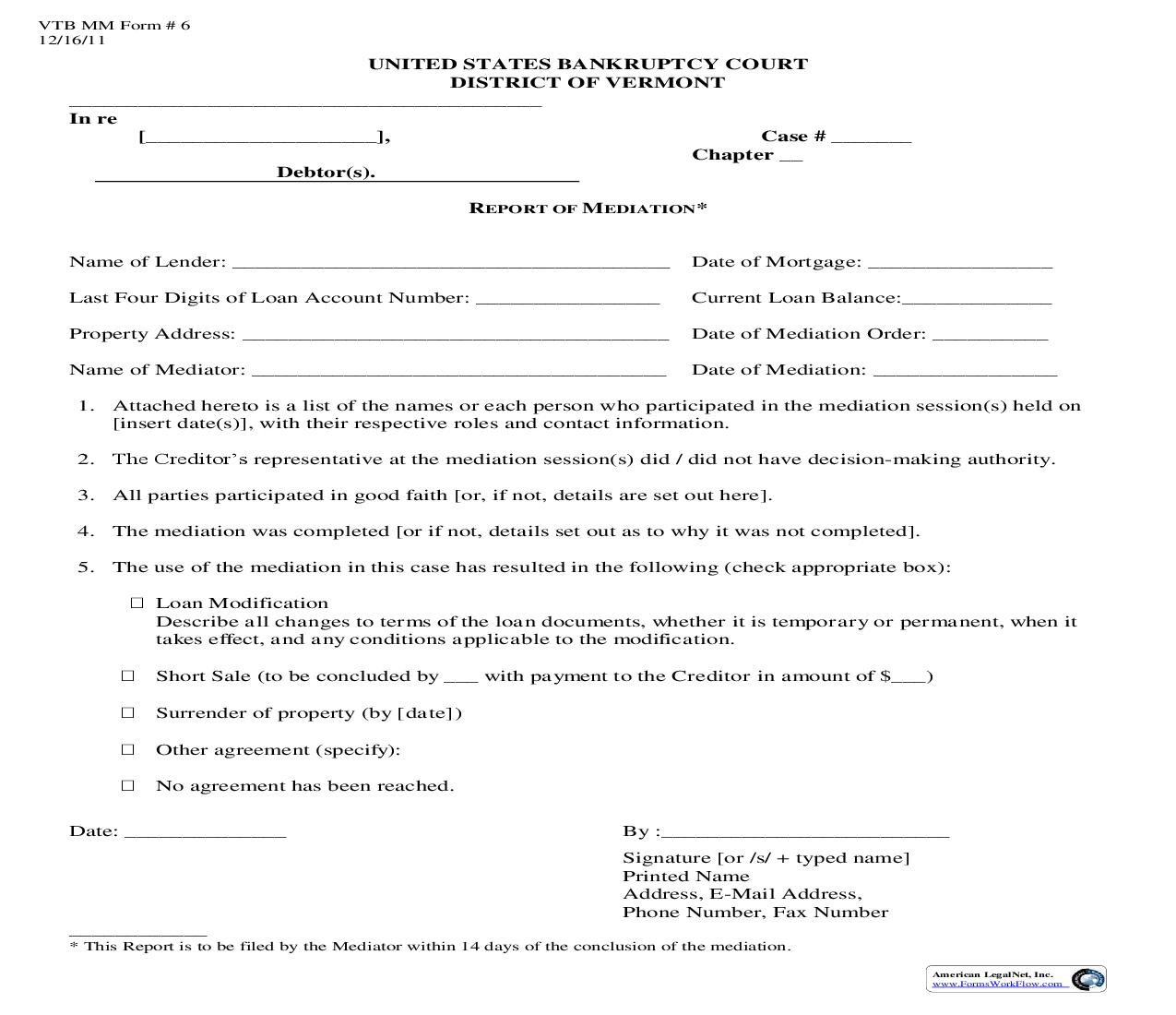 Report Of Mediation {6} |  | Vermont