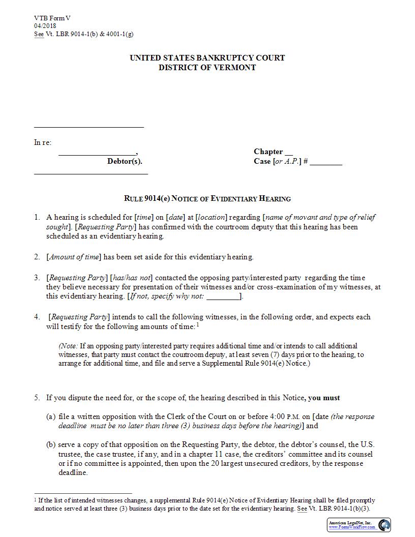 Rule 9014(e) Notice Of Evidentiary Hearing {V} | Pdf Fpdf Docx | Vermont