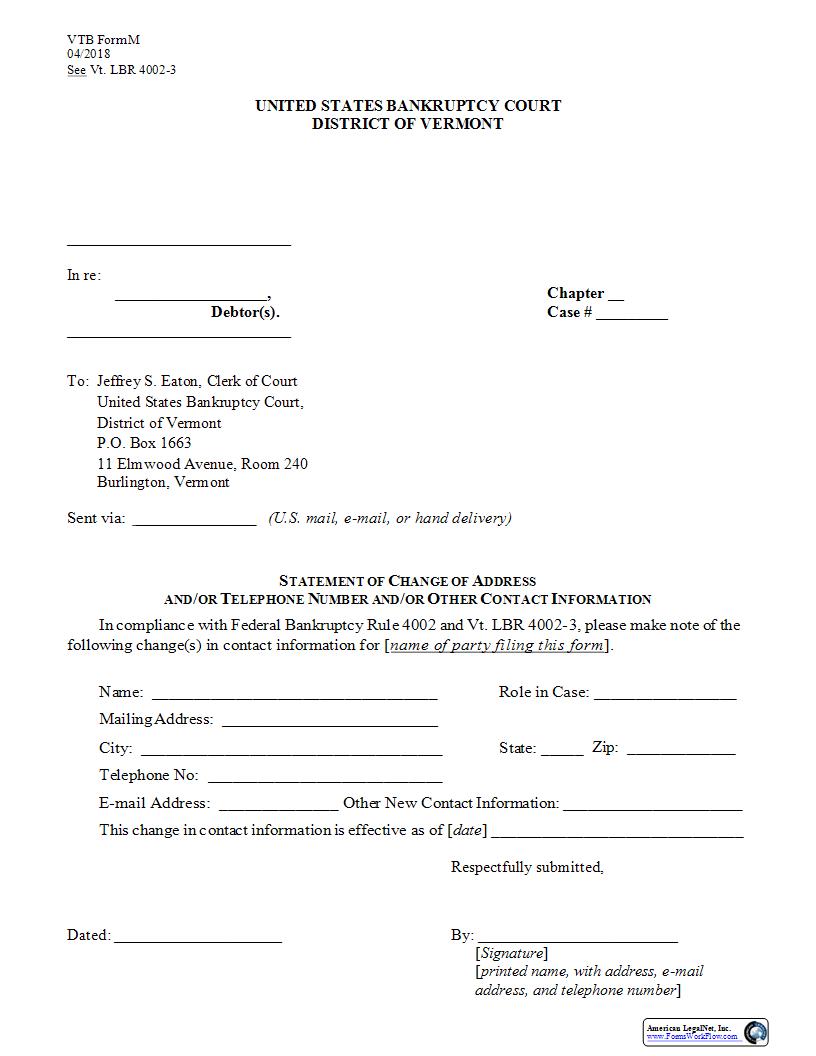 Statement Of Change Of Contact Information {M} | Pdf Fpdf Docx | Vermont