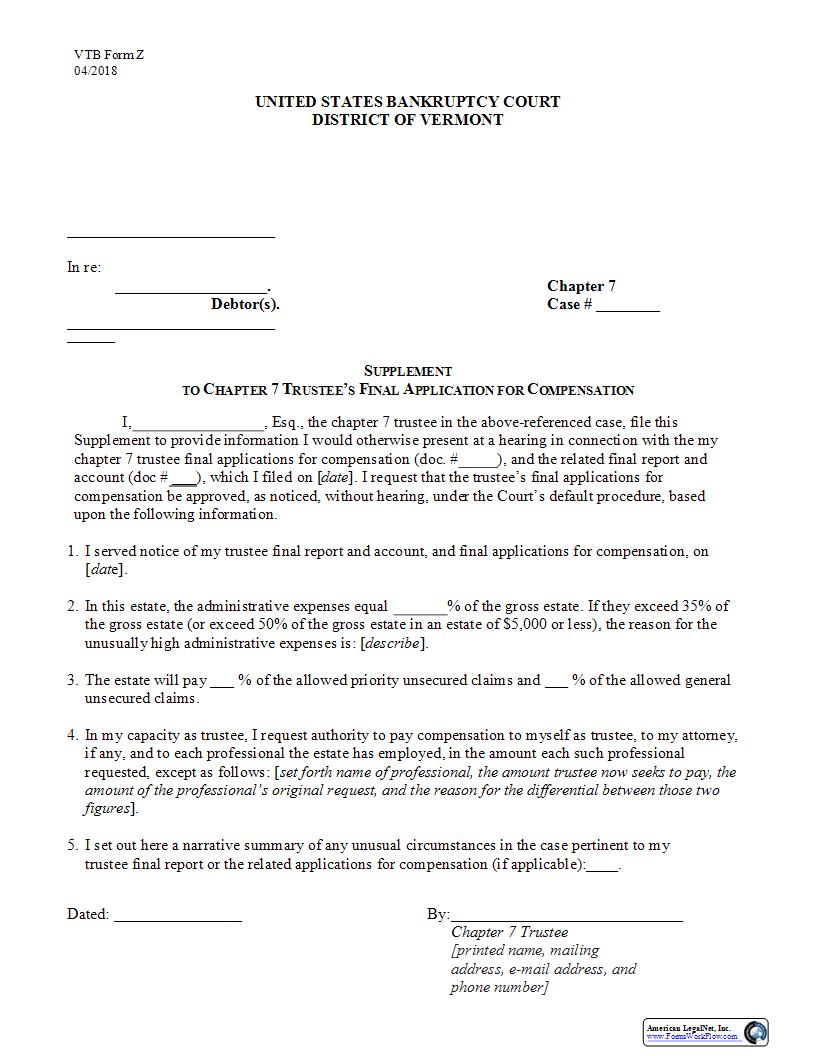 Supplement To Chapter 7 Trustees Final Applications For Compensation {Z} | Pdf Fpdf Docx | Vermont