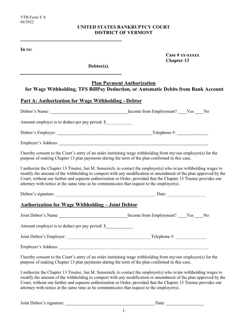 Wage Withholding Authorization - Consent To Automatic Debits From Bank Account {Y-8} | Pdf Fpdf Docx | Vermont