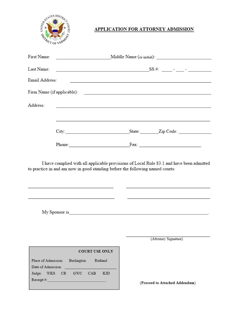 Application For Admission - And Addendum | Pdf Fpdf Doc Docx | Vermont