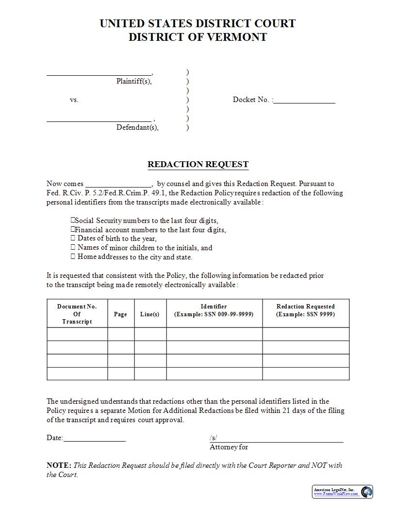 Redaction Request | Pdf Fpdf Docx | Vermont