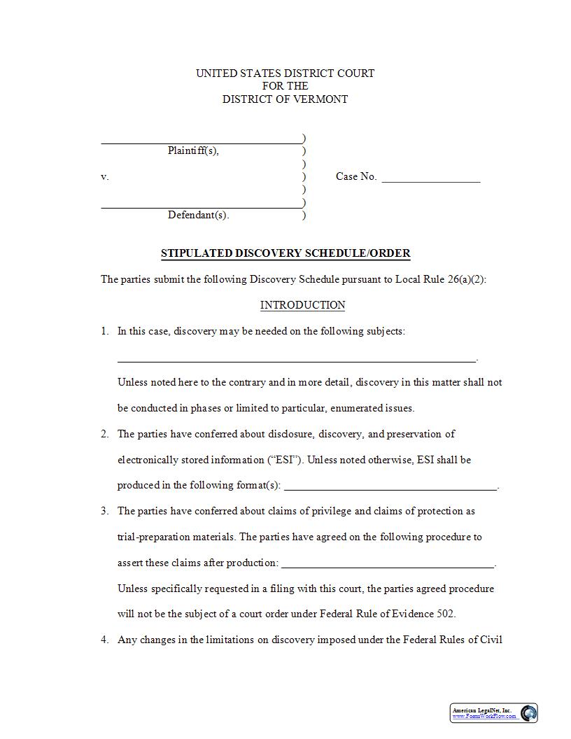 Stipulated Discovery Schedule Order | Pdf Fpdf Docx | Vermont