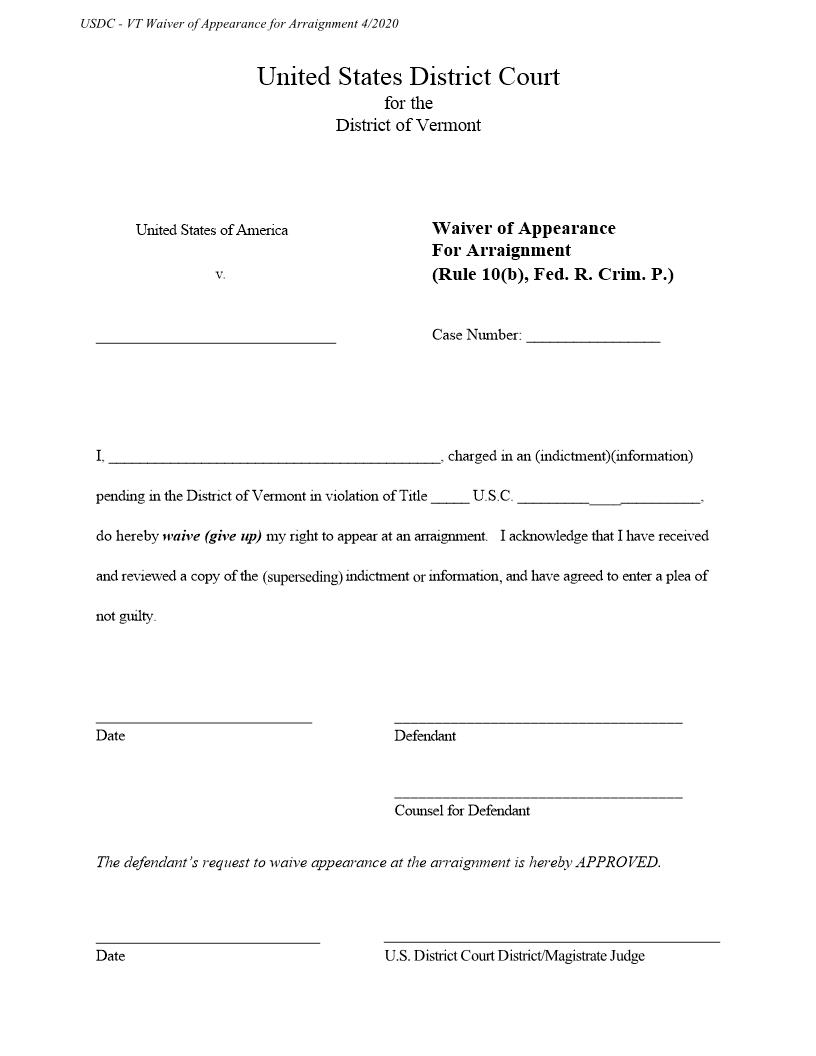 Waiver Of Appearance For Arraignment | Pdf Fpdf Docx | Vermont