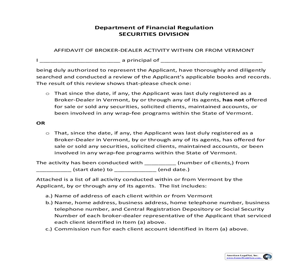 Affidavit Of Broker-Dealer Activity {ABDA} | Pdf Fpdf Doc Docx | Vermont