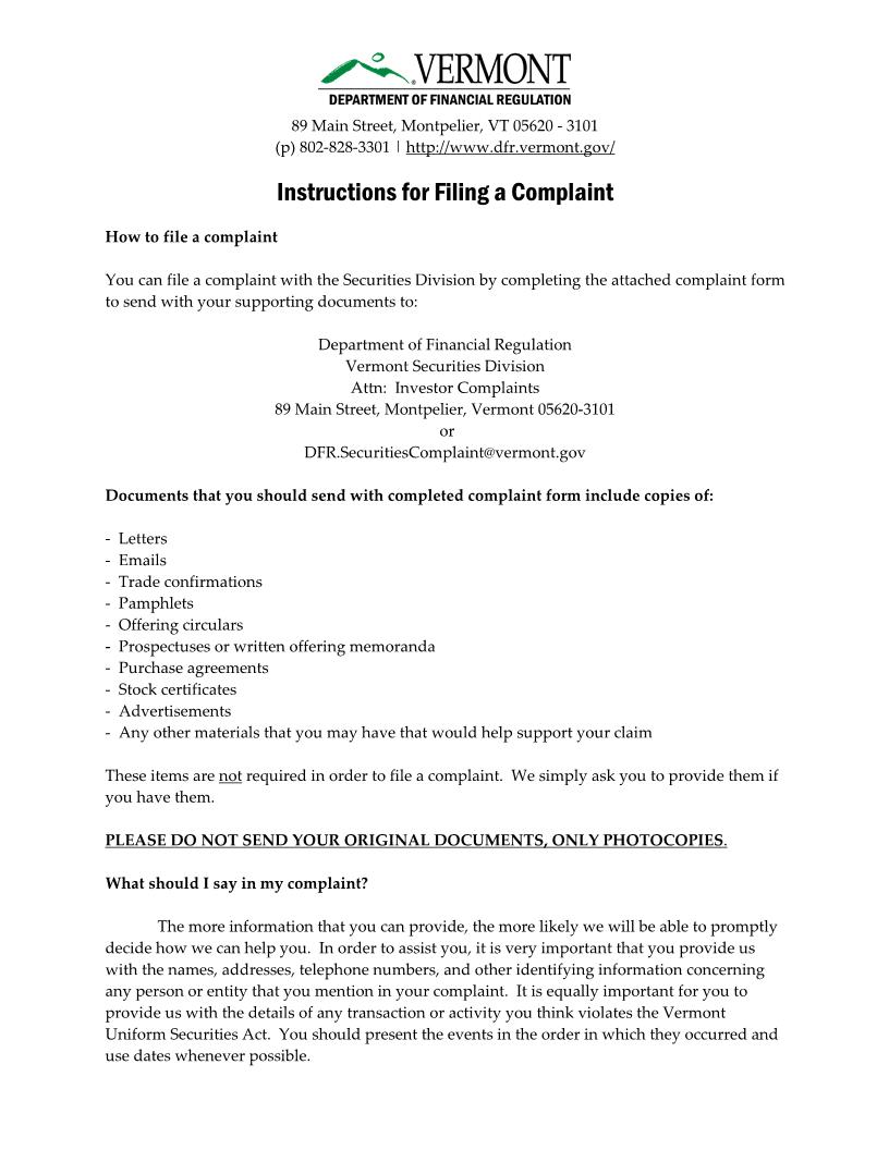 Complaint Form | Pdf Fpdf Doc Docx | Vermont