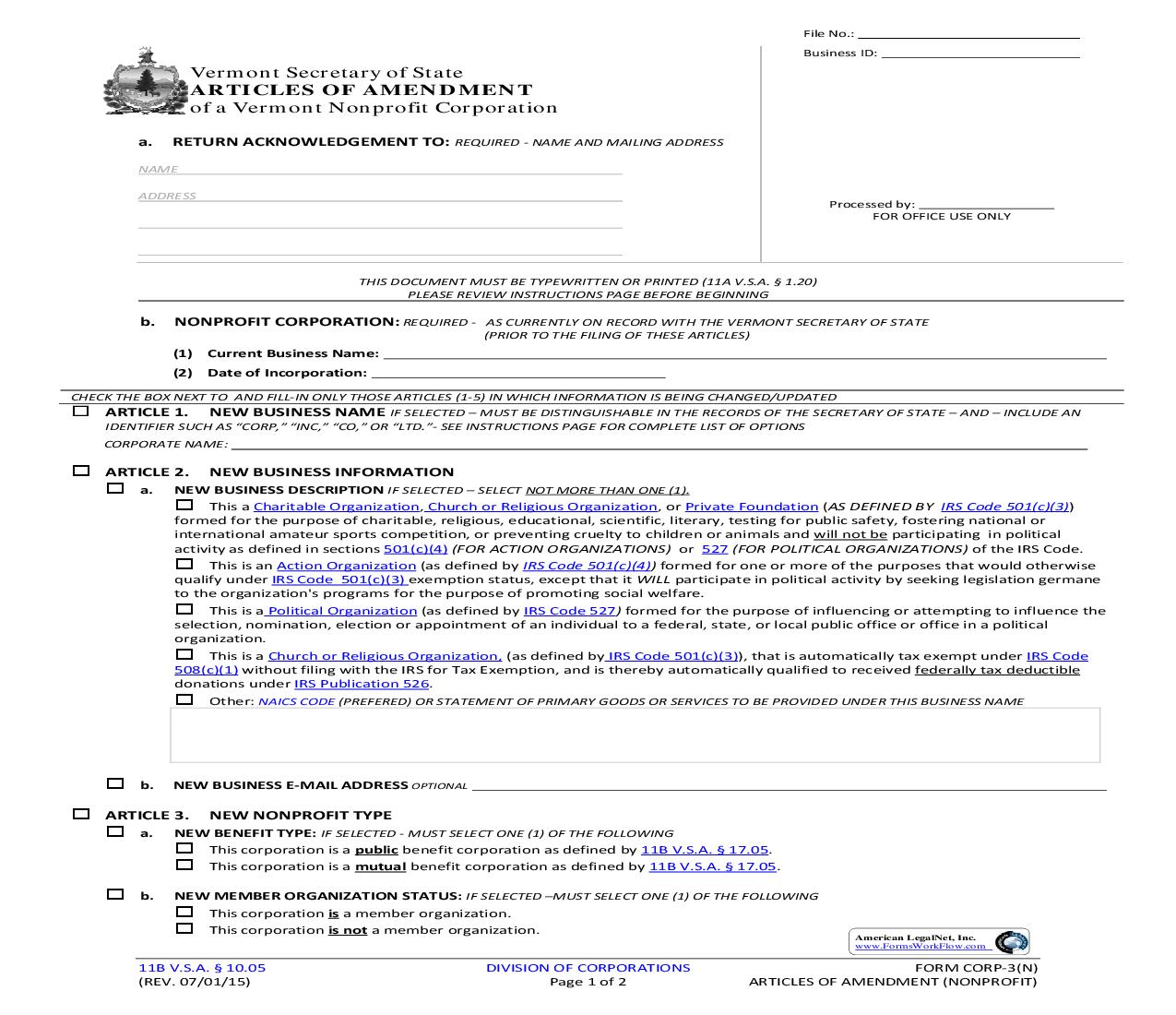 Articles Of Amendment {CORP-3(N)} | Pdf Fpdf Doc Docx | Vermont