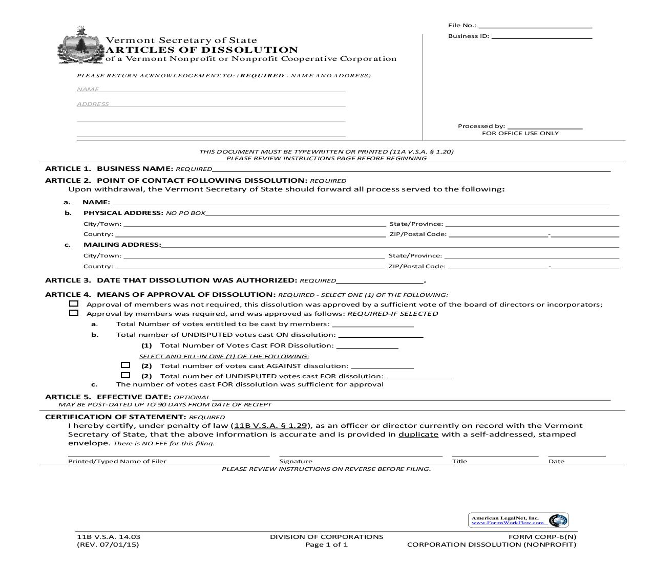 Articles Of Dissolution {CORP-6(N)} | Pdf Fpdf Doc Docx | Vermont