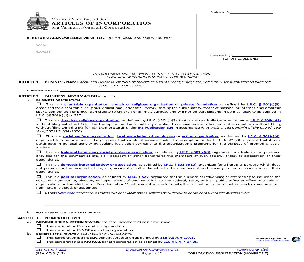 Articles Of Incorporation {CORP-1(N)} | Pdf Fpdf Doc Docx | Vermont