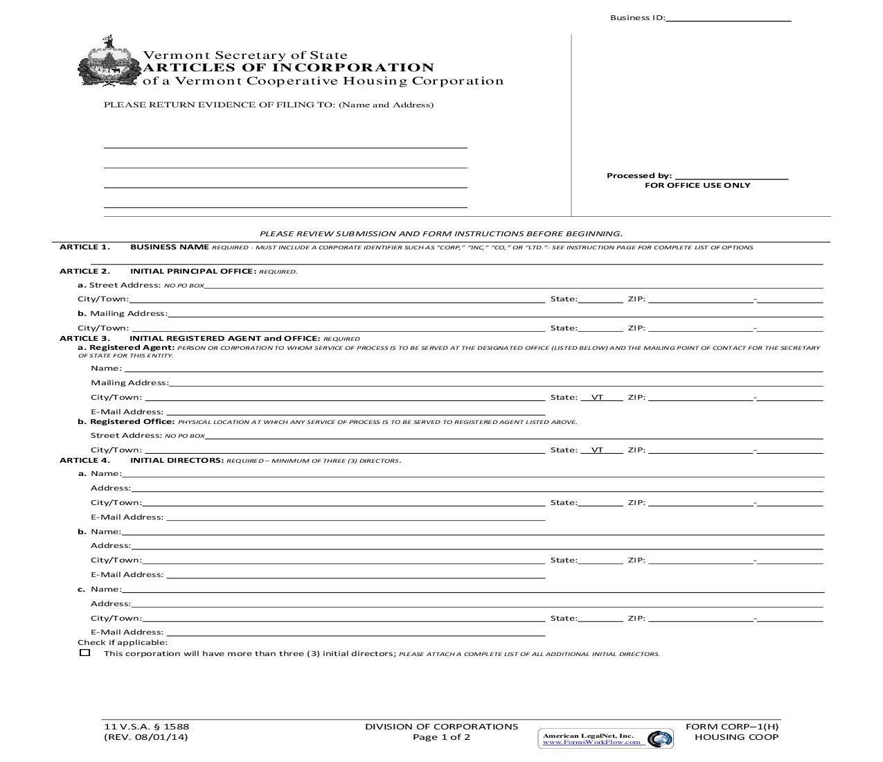 Articles Of Incorporation (Cooperative Housing Corporation) {CORP-1(H)} | Pdf Fpdf Doc Docx | Vermont