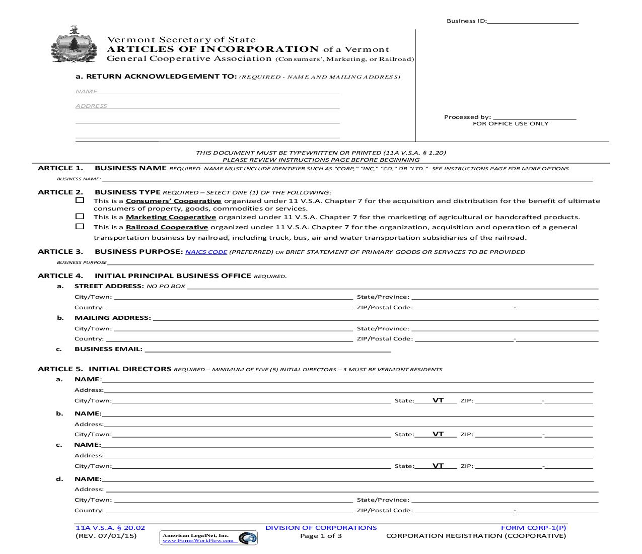 Articles Of Incorporation (General Cooperative Association) {CORP-1(P)} | Pdf Fpdf Doc Docx | Vermont