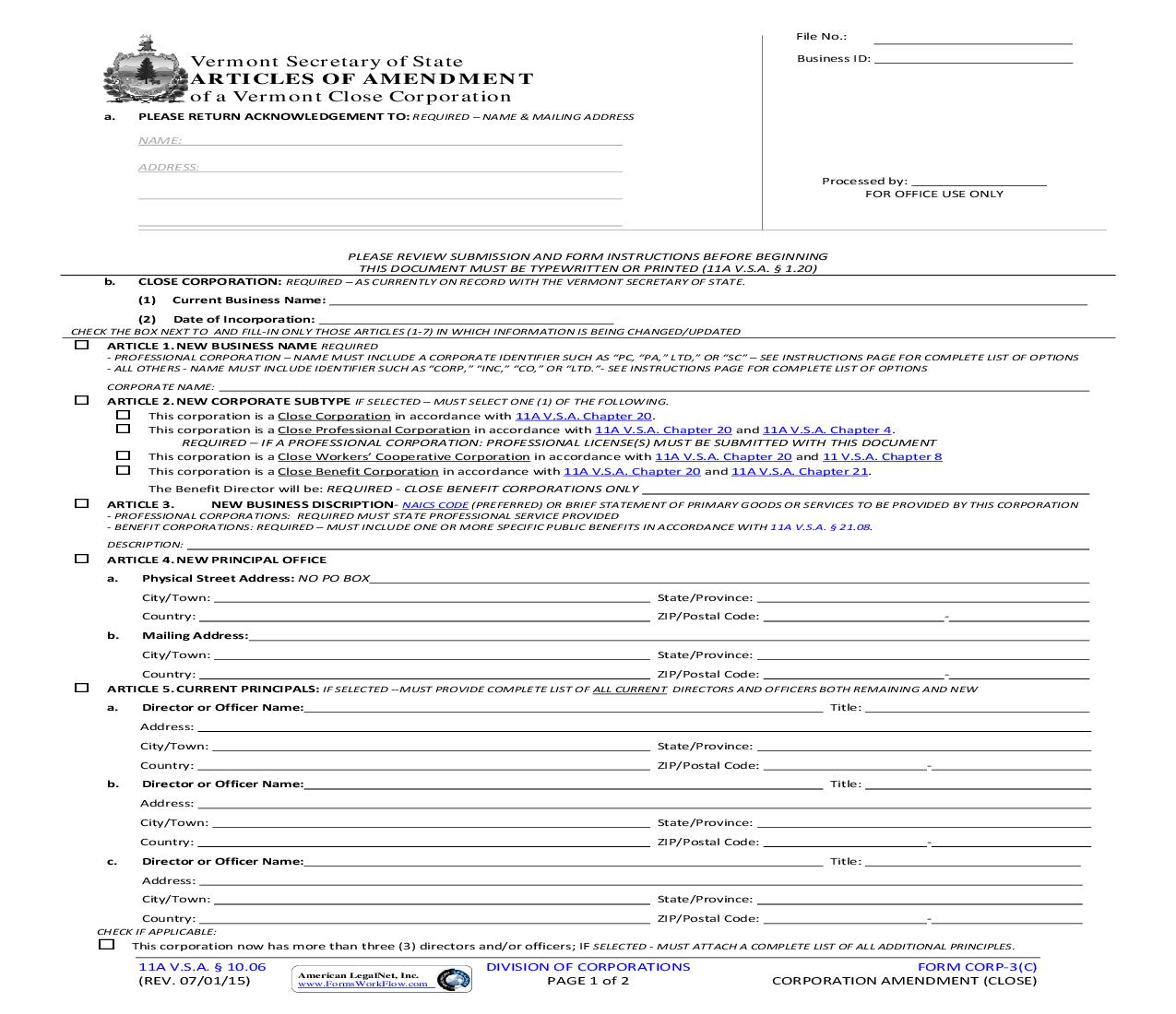 Articles Of Amendment (Close Corporation) {CORP-3(C)} | Pdf Fpdf Doc Docx | Vermont