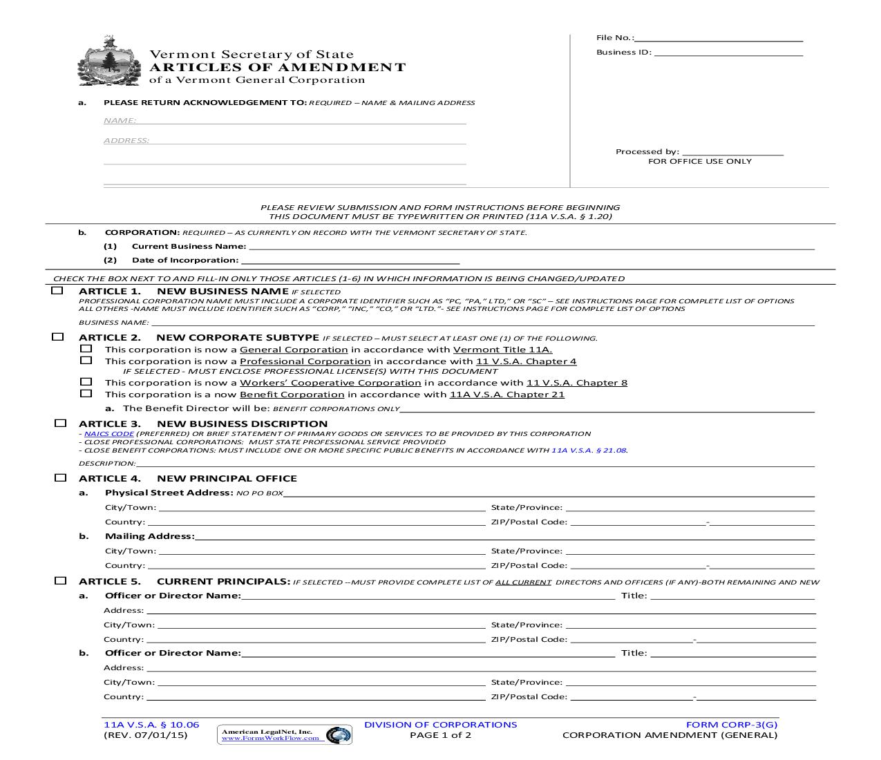 Articles Of Amendment (General Corporation) {CORP-3(G)} | Pdf Fpdf Doc Docx | Vermont