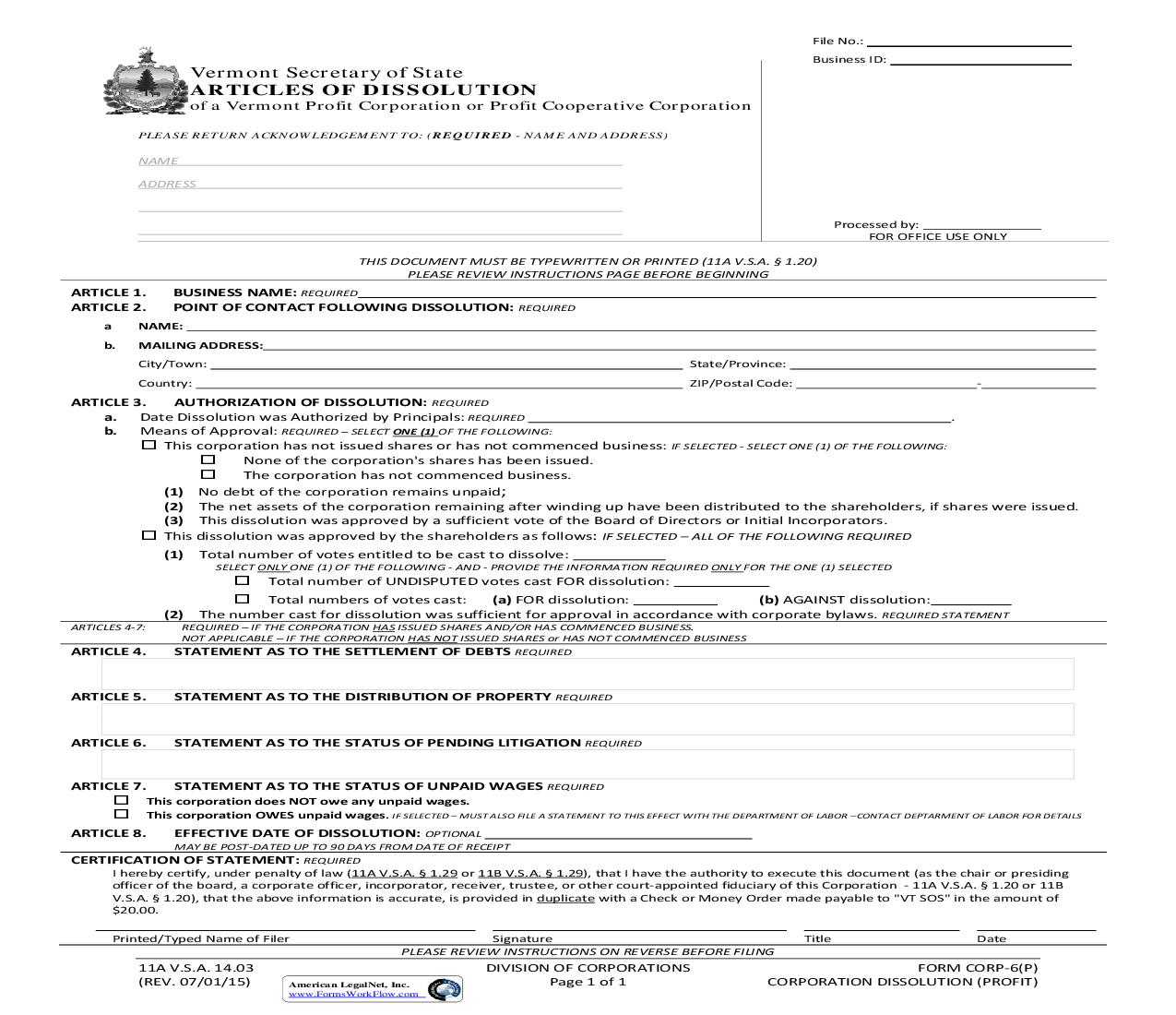 Articles Of Dissolution {CORP-6(P)} | Pdf Fpdf Doc Docx | Vermont