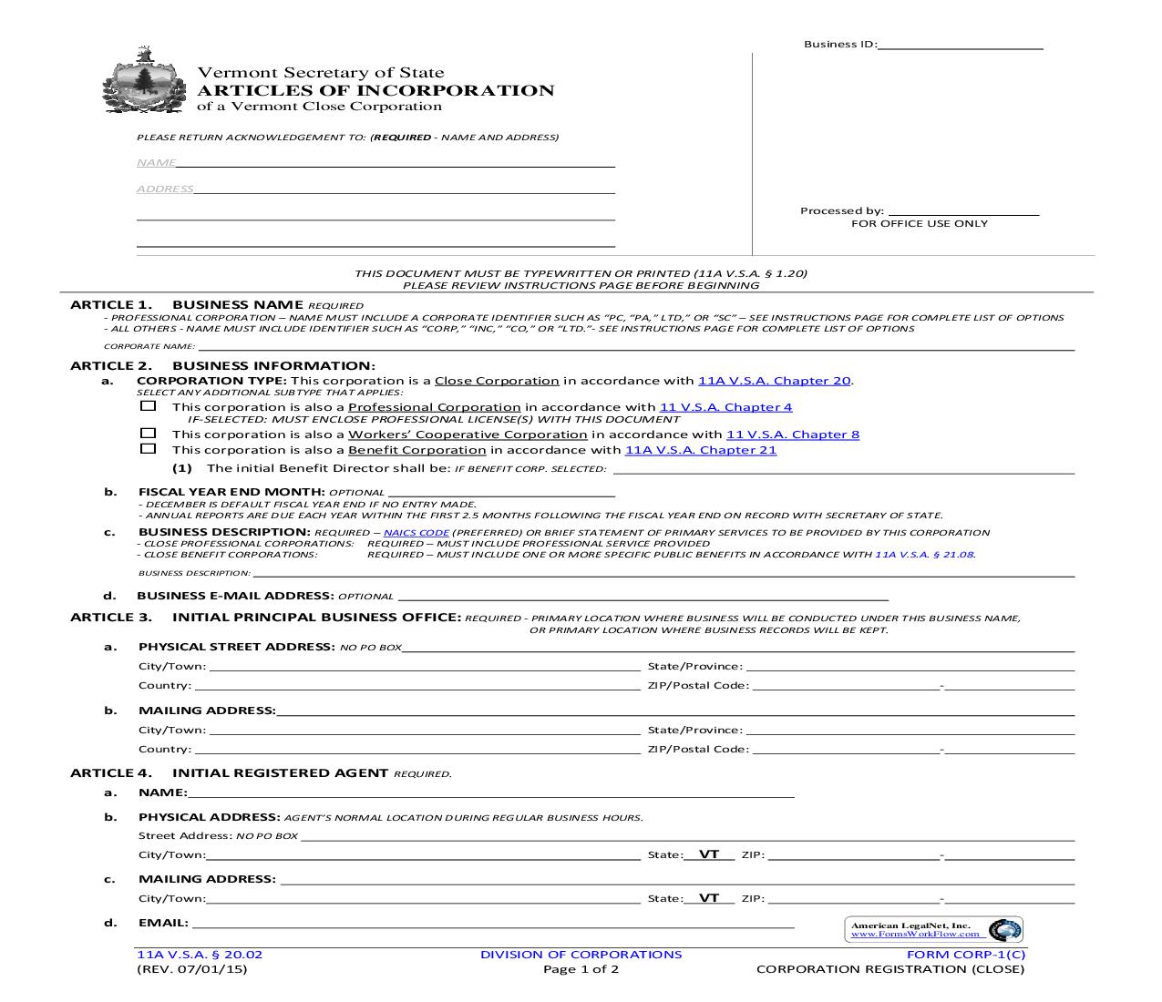Articles Of Incorporation (Close Corporation {CORP-1(C)} | Pdf Fpdf Doc Docx | Vermont