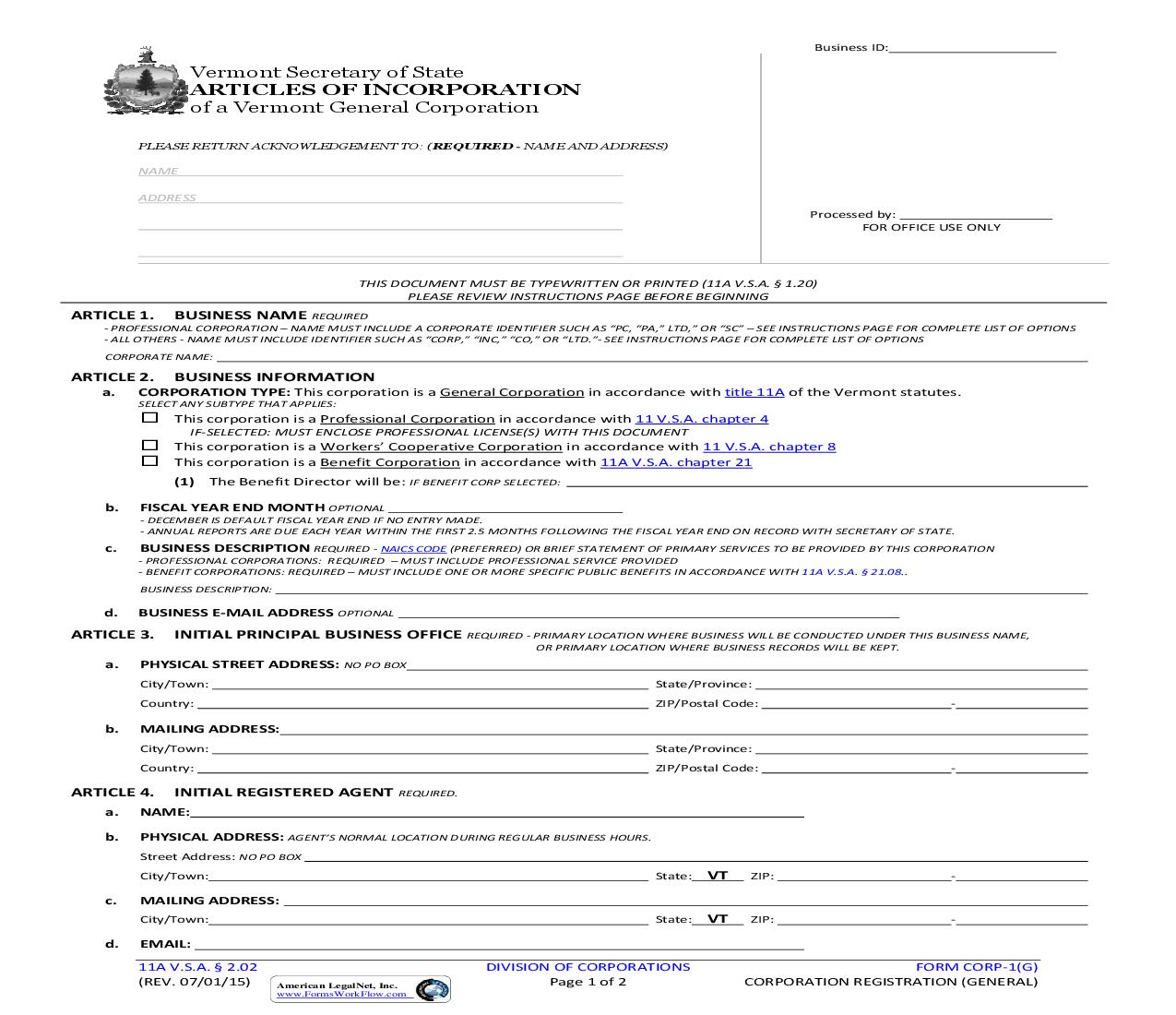 Articles Of Incorporation (General Corporation) {CORP-1(G)} | Pdf Fpdf Docx | Vermont