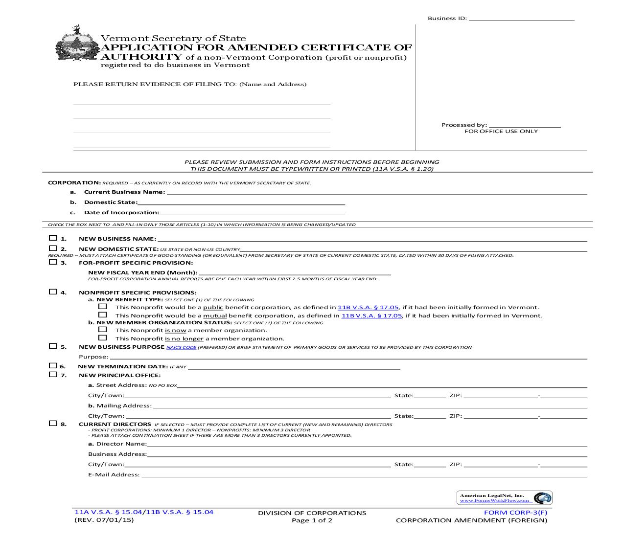 Application For Amended Certificate Of Authority {CORP-3(F)} | Pdf Fpdf Doc Docx | Vermont
