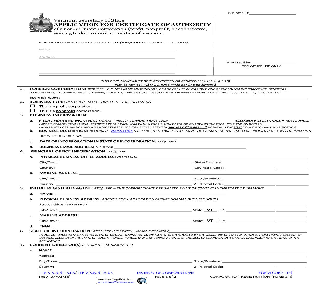 Application For Certificate Of Authority {CORP-1(F)} | Pdf Fpdf Doc Docx | Vermont
