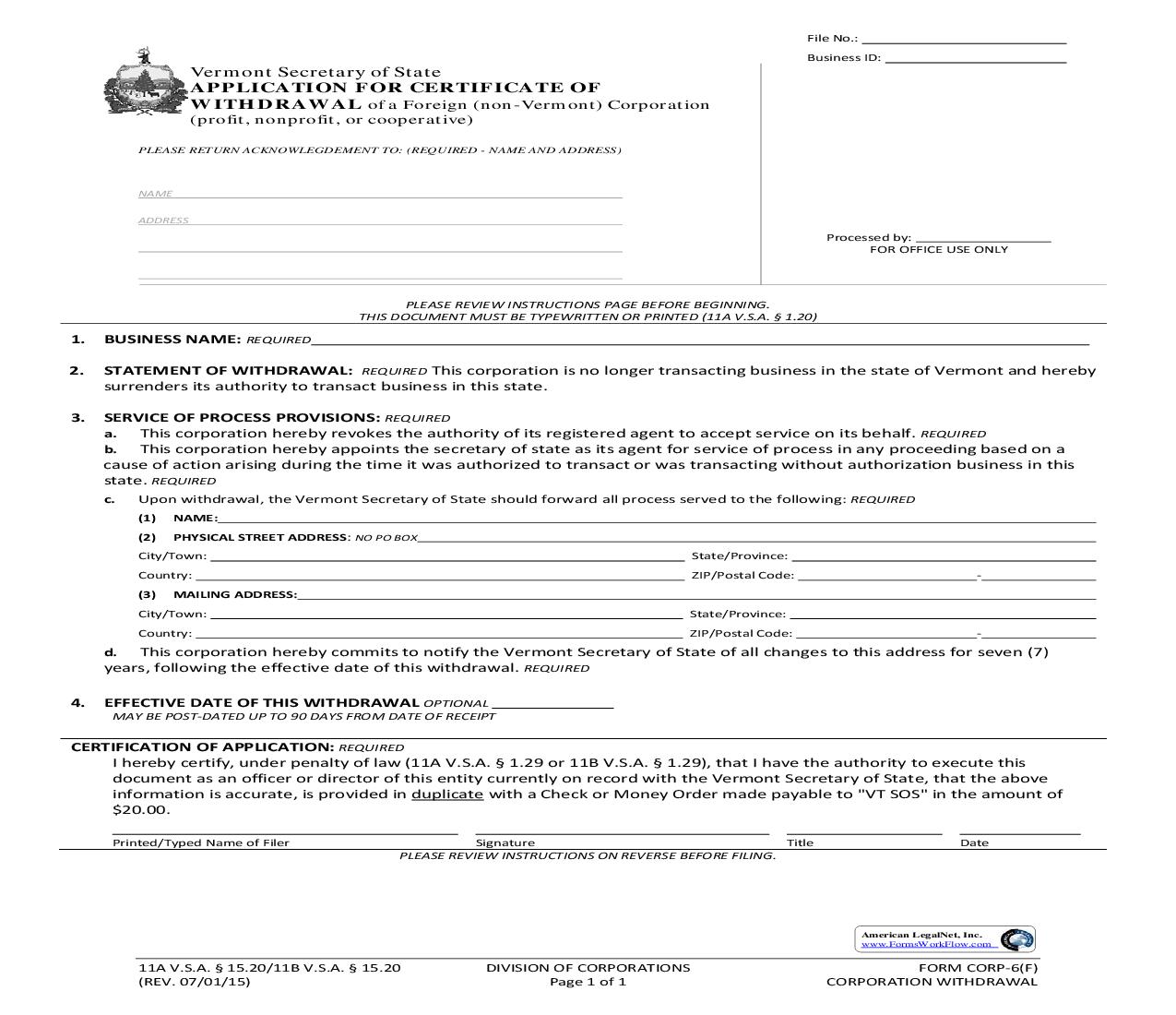 Application For Certificate Of Withdrawal {CORP-6(F)} | Pdf Fpdf Doc Docx | Vermont