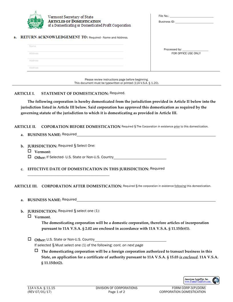 Articles of Domestication {CORP-3(P)(DOM)} | Pdf Fpdf Docx | Vermont