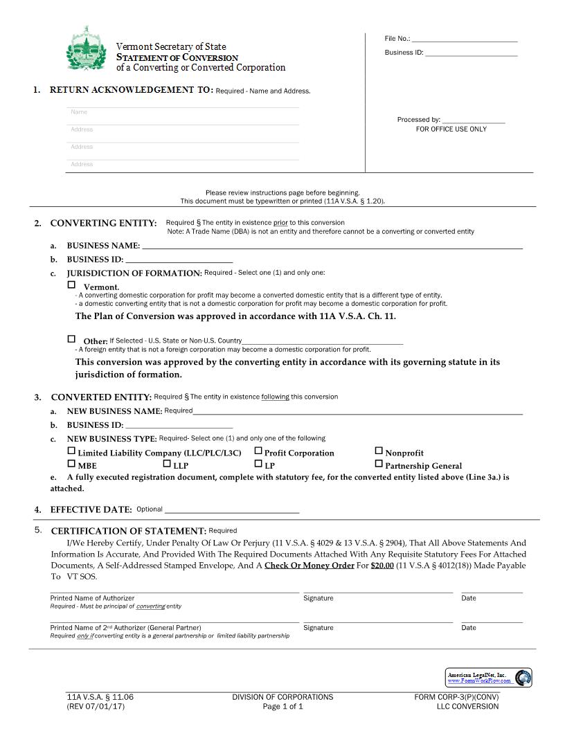 Statement Of Conversion {CORP-3(P)(CONV)} | Pdf Fpdf Docx | Vermont