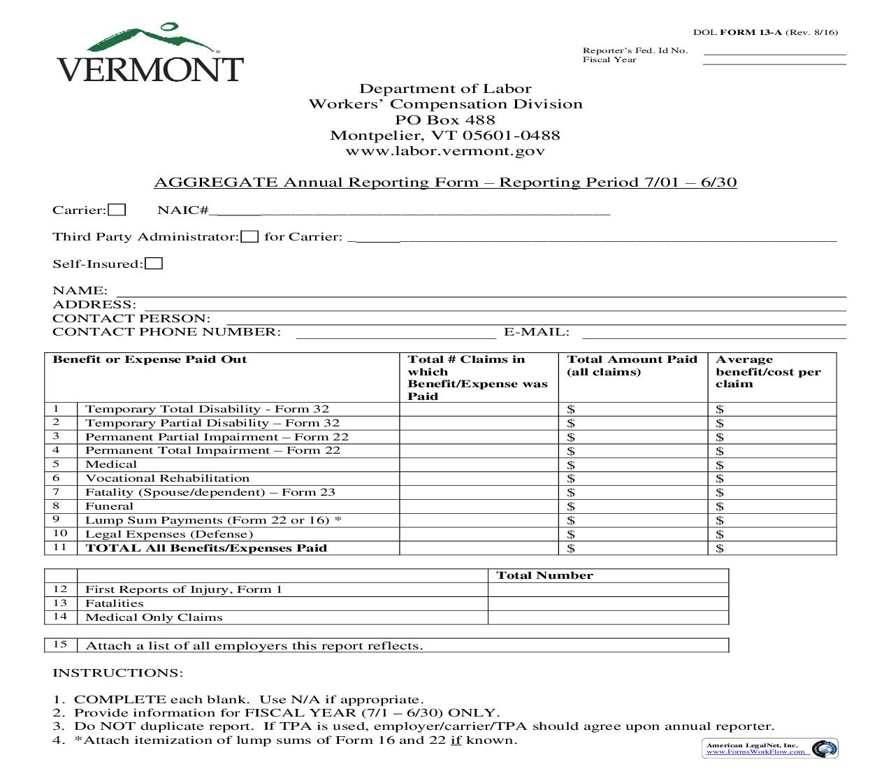 Aggregate Annual Reporting Form - Reporting Period 7-01 To 6-30 {13A} | Pdf Fpdf Doc Docx | Vermont