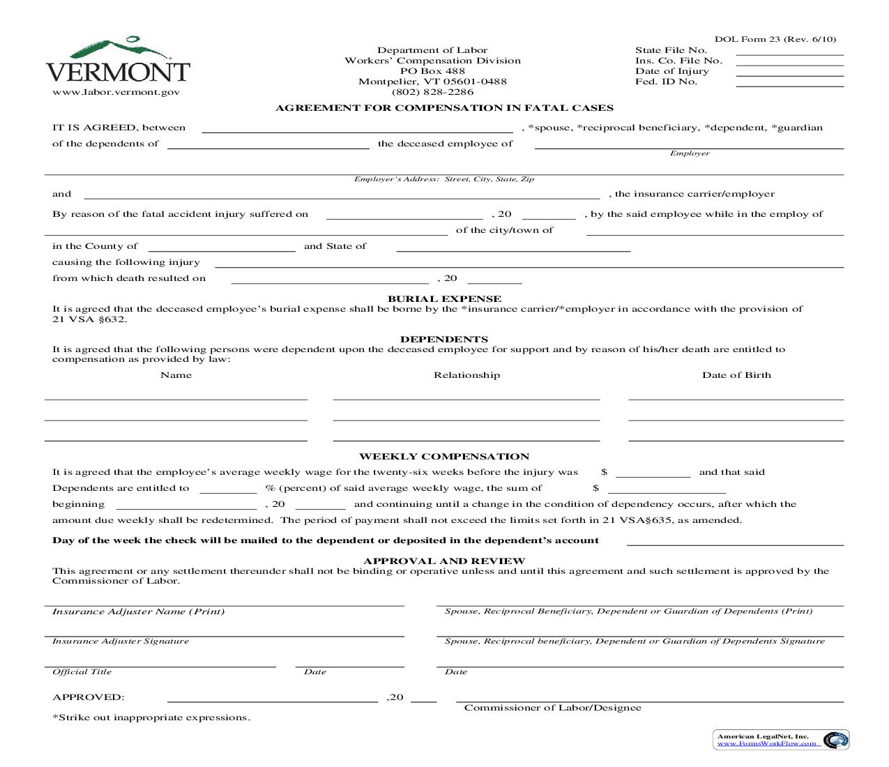 Agreement For Compensation In Fatal Cases {23} | Pdf Fpdf Doc Docx | Vermont
