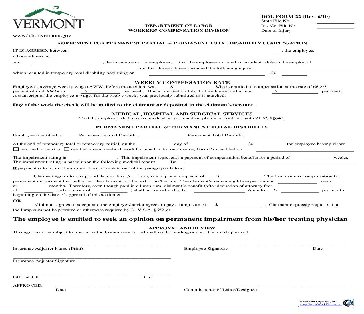 Agreement For Permanent Partial Or Permanent Total Disability Compensation {22} | Pdf Fpdf Doc Docx | Vermont