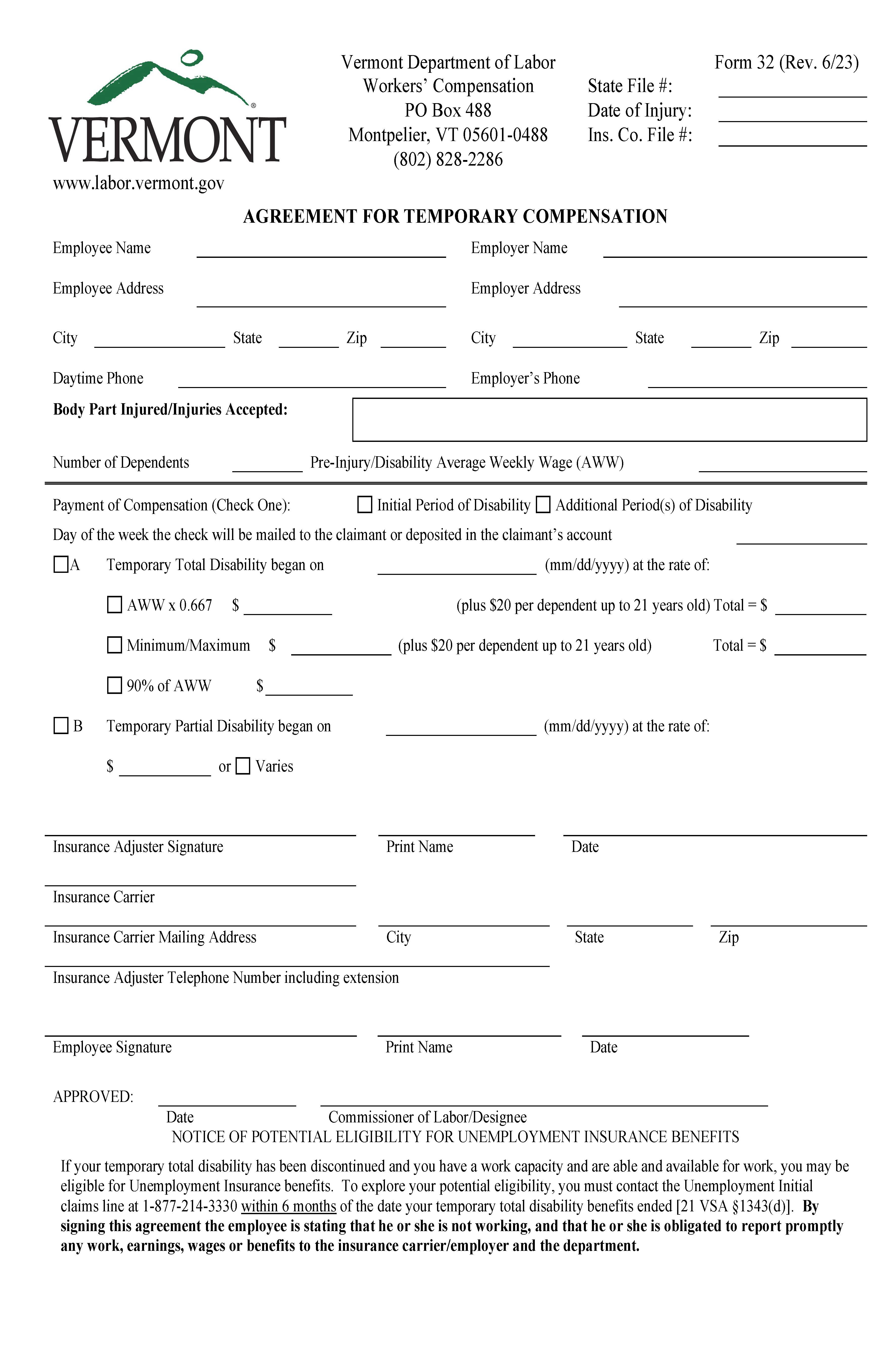 Agreement For Temporary Compensation {32} | Pdf Fpdf Docx | Vermont