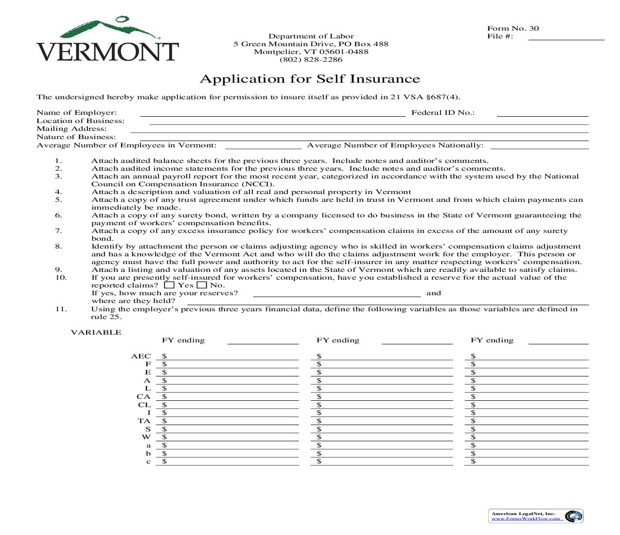 Application For Self Insurance {30} | Pdf Fpdf Doc Docx | Vermont